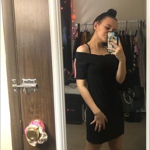 black off the shoulder dress with stripped sleeves